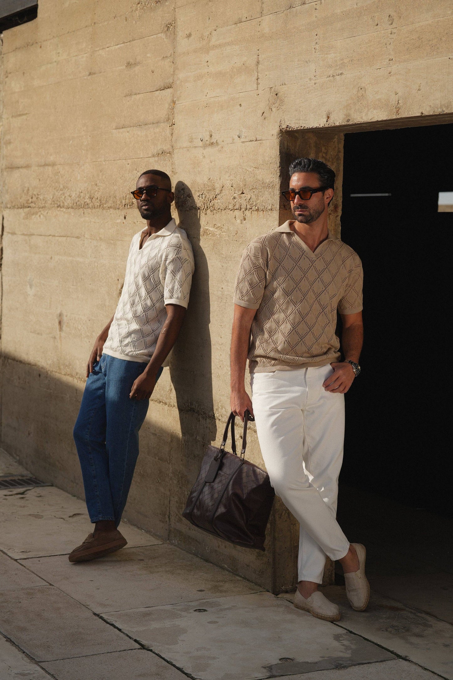 POLO GEOMETRIC DESIGN OPEN-COLLAR TAUPE SHIRT