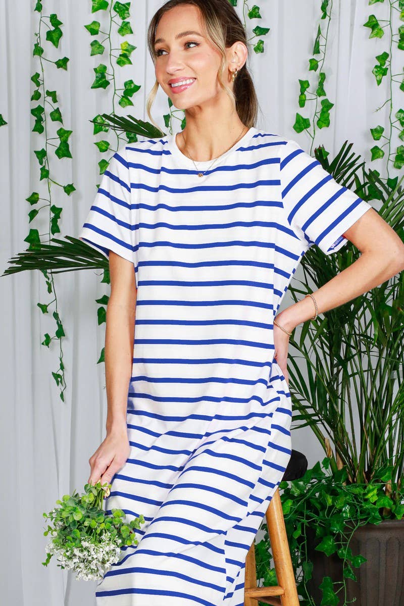 Crew Neck Striped Cotton T-Shirt Maxi Dress