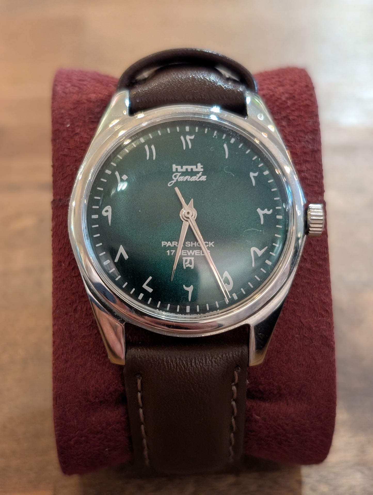 Vintage HMT Janata green, brown leather, East Arabic numerals